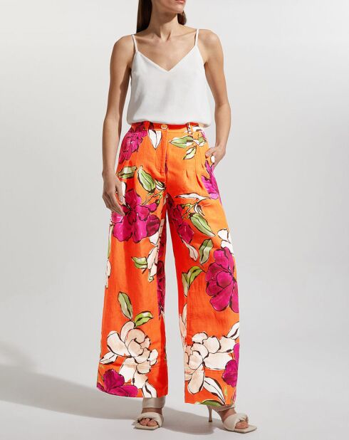 Orangefarbene Hose aus Leinen und Viskose mit schillerndem Blumenmuster
