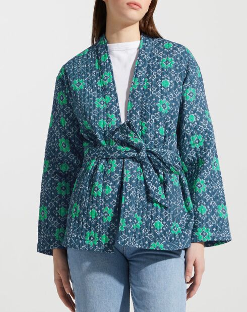 Kimono ceinturé Nougat imprimé bleu/vert
