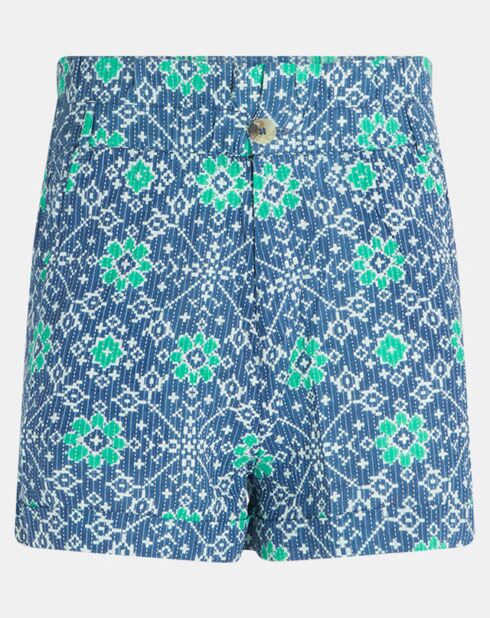 Short paperbag en Coton & Lin Nura imprimé bleu/vert