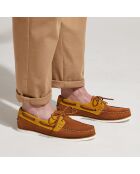 Chaussures bateau en Velours de Cuir bicolore cognac/Camel