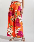 Orangefarbene Hose aus Leinen und Viskose mit schillerndem Blumenmuster