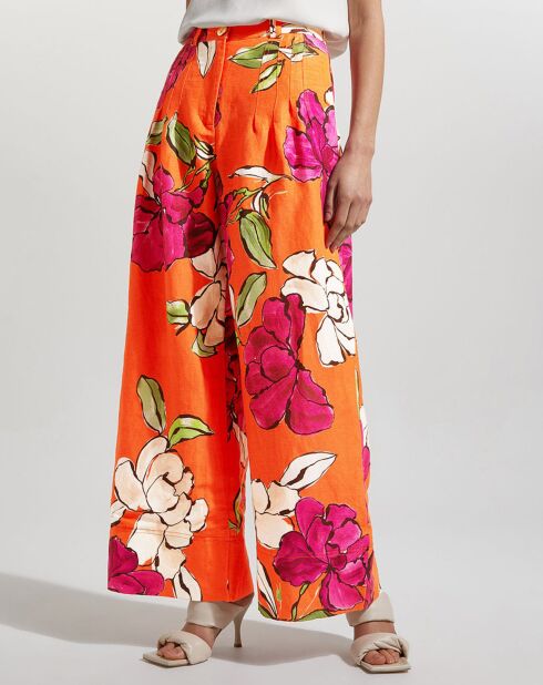 Orangefarbene Hose aus Leinen und Viskose mit schillerndem Blumenmuster