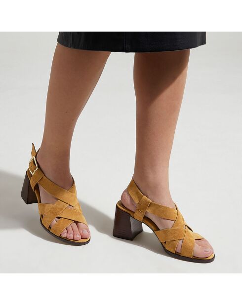 Sandalias de tacón en piel camel - Tacón 7 cm