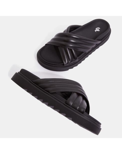 Mules plates en Cuir matelassées noires