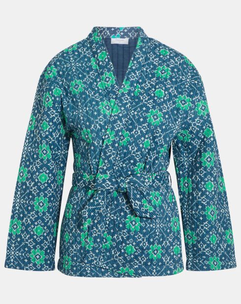 Kimono ceinturé Nougat imprimé bleu/vert