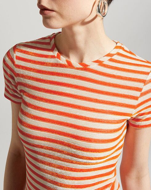 T-Shirt en Velours chenille rayé orange/beige