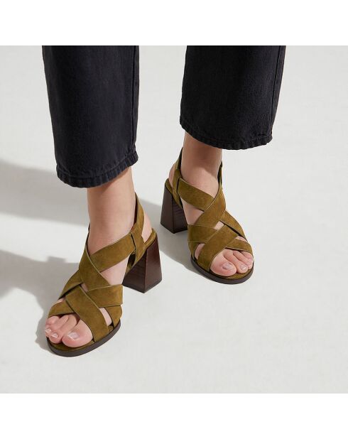 Sandales à talon en Cuir vert kaki - Talon 7 cm