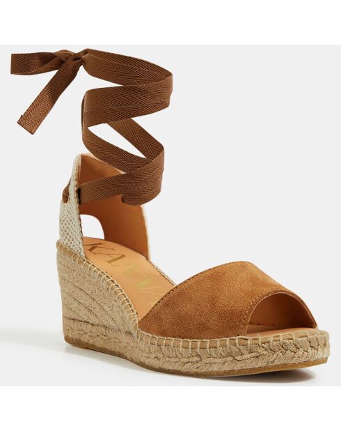 Espadrilles compensées en Velours de Cuir Ania camel - Talon 8 cm