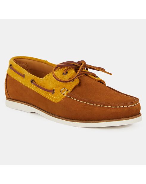 Chaussures bateau en Velours de Cuir bicolore cognac/Camel