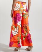 Orangefarbene Hose aus Leinen und Viskose mit schillerndem Blumenmuster
