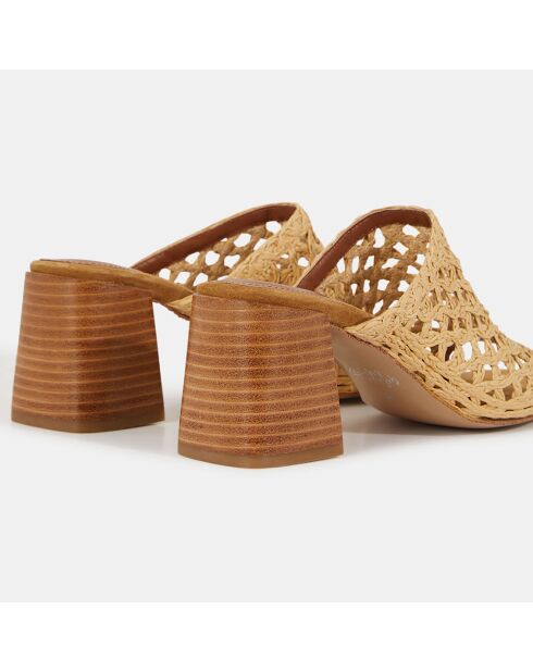 Mules con tacón de piel de rafia natural, tacón de 7 cm