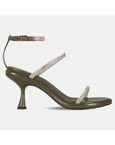 Sandales en Cuir d'Agneau & Strass kaki - Talon 8,5 cm