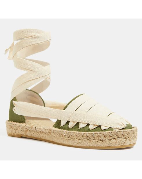 Espadrilles aus Bio-Baumwolle mit ecru-/khakigrünen Krawatten