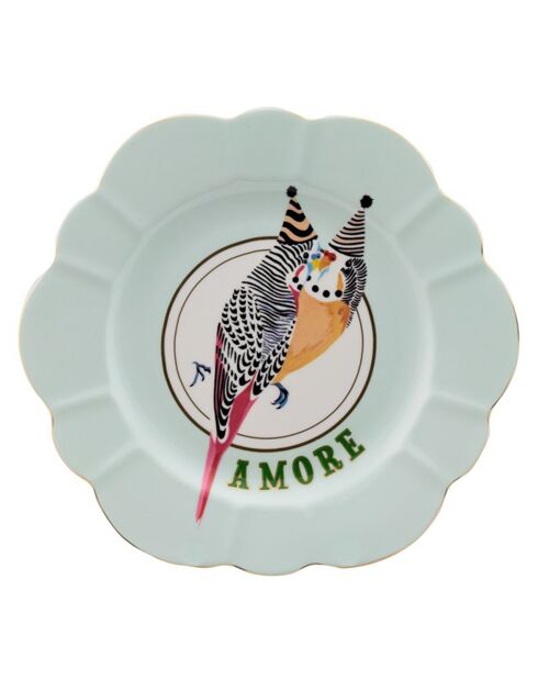 Assiette plate en Porcelaine  fleur Perruches Amore multicolore  - D.23 cm