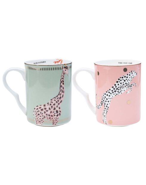 2 veelkleurige porseleinen mokken met cheetah en giraf voor carnaval - 280 ml