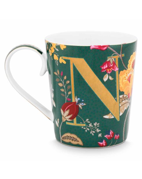 Taza Alphabet Floral Fantasy N de porcelana verde, 350 ml