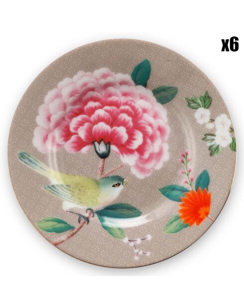 Kleine Ofenteller aus Porzellan mit blushing birds, Durchmesser 12 cm, Khaki, 6 Stück