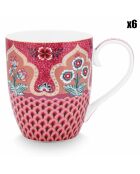 6 Maxi-Porzellantassen, Größe XL, Design Flower Festival, Jakobsmuschel, 450 ml, Rosa