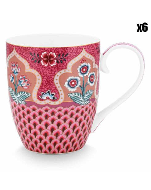 6 Maxi-Porzellantassen, Größe XL, Design Flower Festival, Jakobsmuschel, 450 ml, Rosa