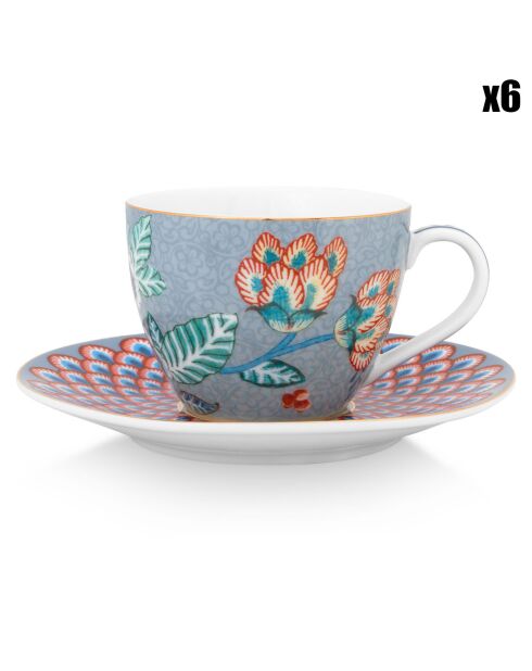 6 Tasses à thé avec soucoupes Flower Festival bleues - 120ml