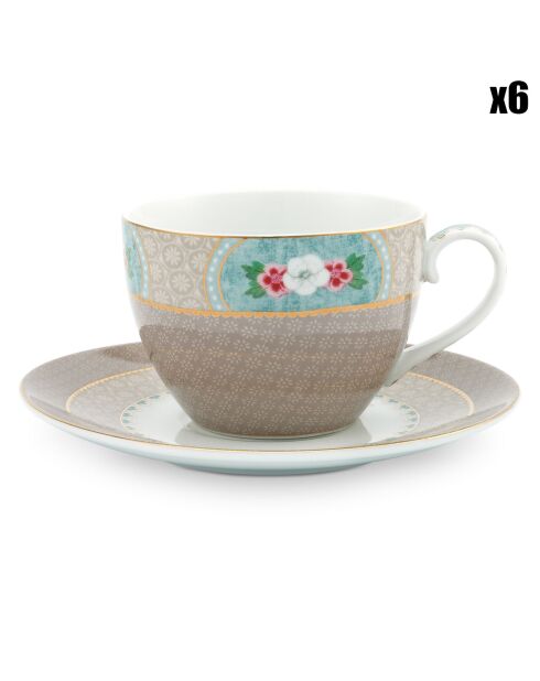 6 Blushing Birds Teetassen mit Untertassen, Khaki, 280 ml