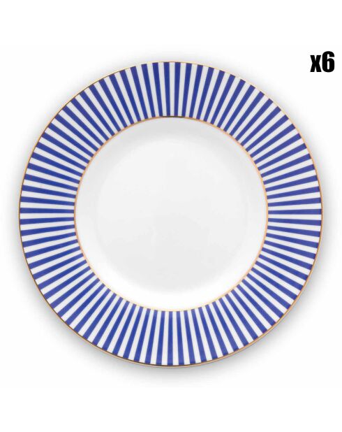 6 Assiettes en Porcelaine plates Royal Stripes bleues - D.26.7 cm