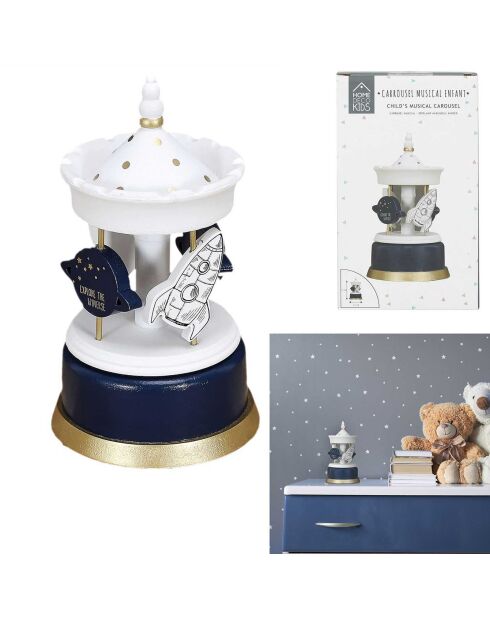 Carrousel Musical blanc/bleu- 11.5x11.5x20.3 cm