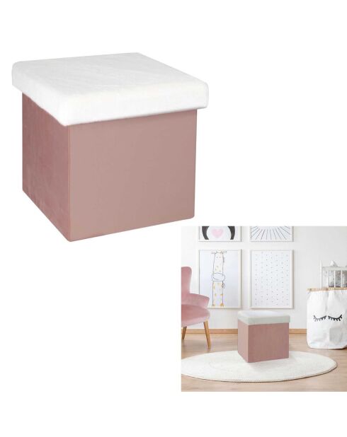 Coffre Pouf pliable imitation fourrure Leo rose - 38x38x38 cm