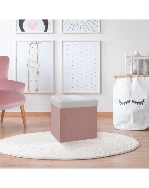 Coffre Pouf pliable imitation fourrure Leo rose - 38x38x38 cm