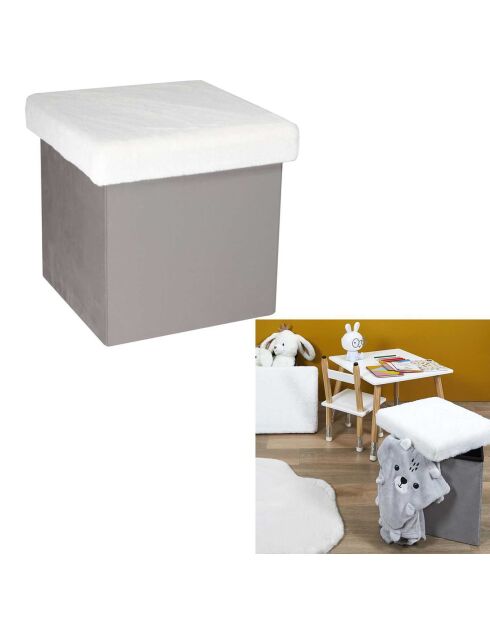 Coffre Pouf pliable imitation fourrure Leo gris - 38x38x38 cm