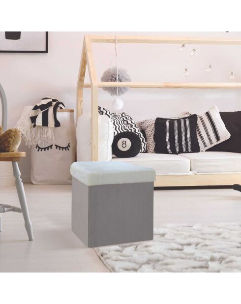 Coffre Pouf pliable imitation fourrure Leo gris - 38x38x38 cm
