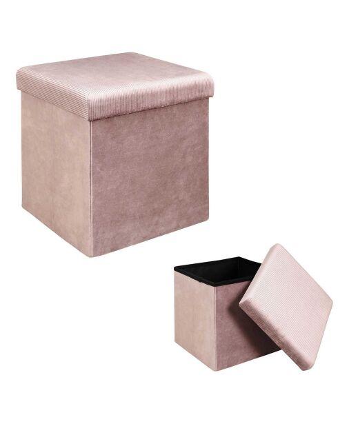 Coffre Pouf pliable velours côtelé Giulia rose poudré - 38x38x38 cm