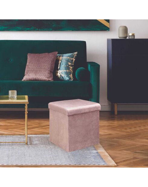 Coffre Pouf pliable velours côtelé Giulia rose poudré - 38x38x38 cm