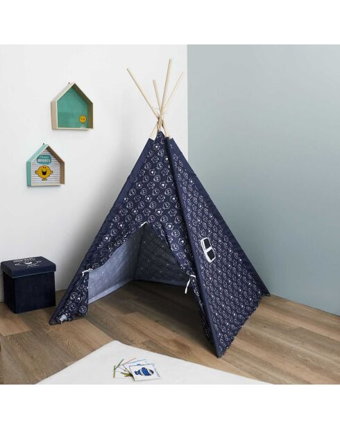 Tipi Monsieur Heureux bleu/blanc - 120x120x160 cm