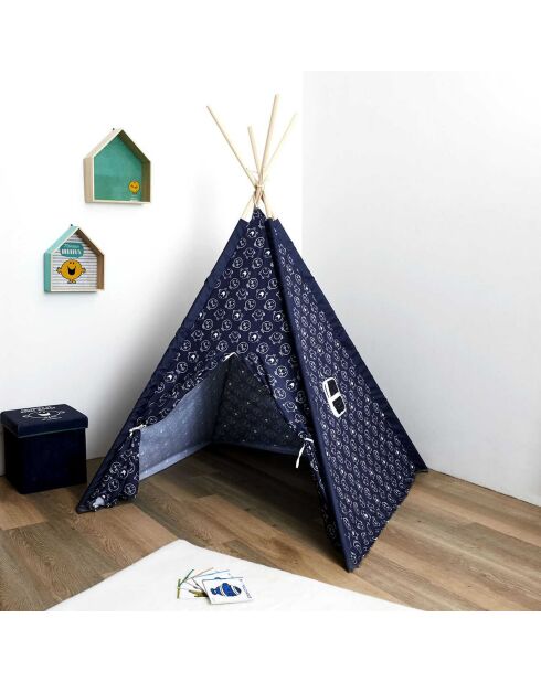 Tipi Monsieur Heureux bleu/blanc - 120x120x160 cm