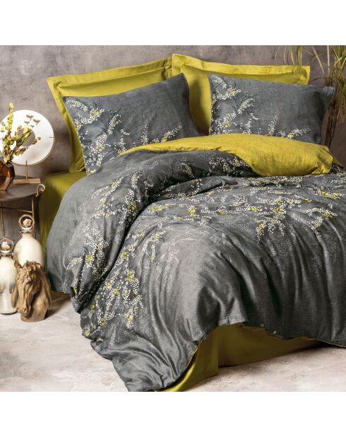 Parure housse de couette satin de coton Libby vert/anthracite