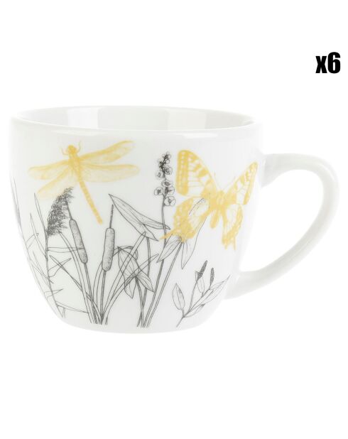 6 Tasses en Porcelaine Dans mon Jardin blanc/jaune/noir - 10 cl