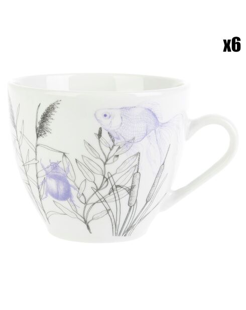 6 Tasses en Porcelaine Dans mon Jardin blanc/bleu/noir - 18 cl