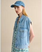 Veste sans manches oversize en jean Paulette à fleurs bleu usé