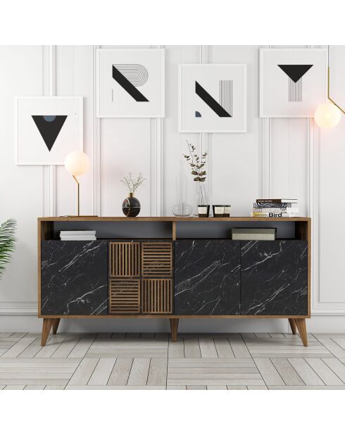 Console Milan 160 marbre noir/noyer - 160x78x35 cm