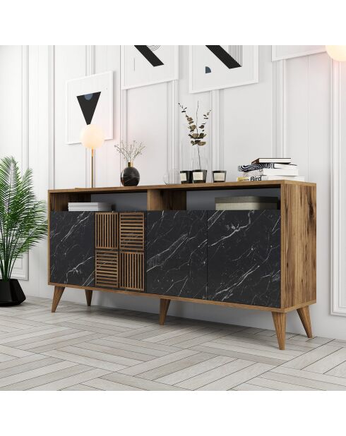 Console Milan 160 marbre noir/noyer - 160x78x35 cm