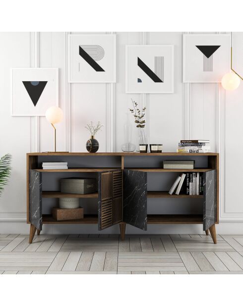 Console Milan 160 marbre noir/noyer - 160x78x35 cm