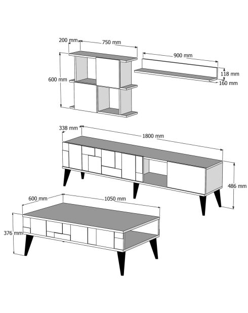 Ensemble de salon Madrid 4 meubles noyer/blanc