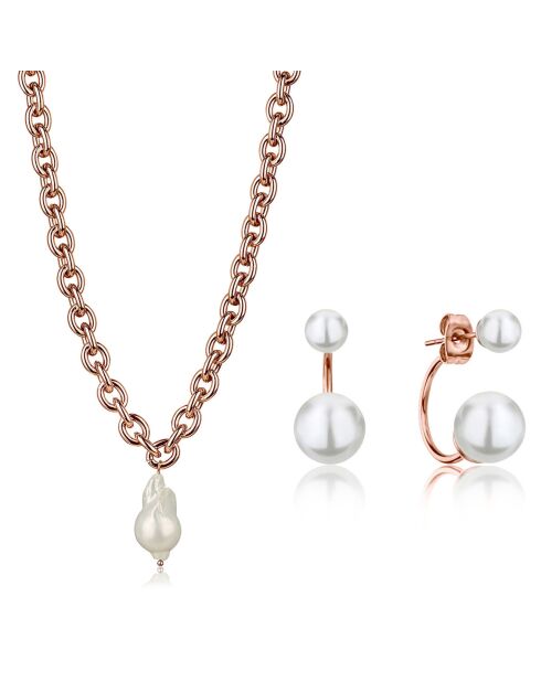 Parure Collier & Boucles d'oreilles Morgan en Acier rose doré et Perles