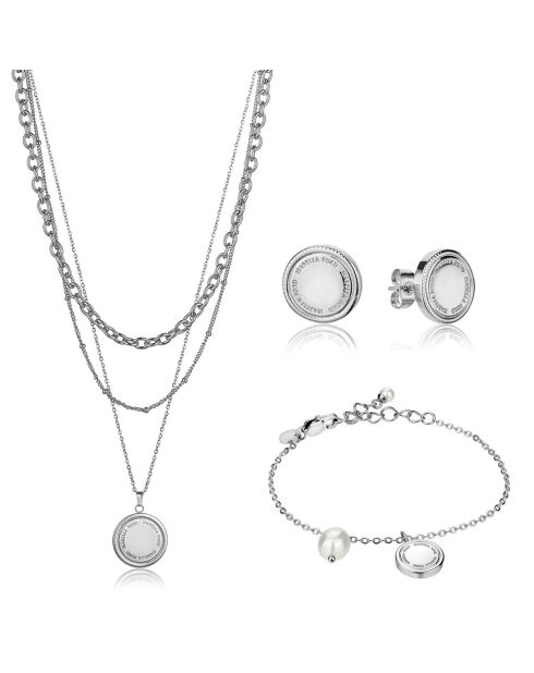 Parure Alyssa Collier, Bracelet & Boucles d'oreilles en Acier argenté et Perle