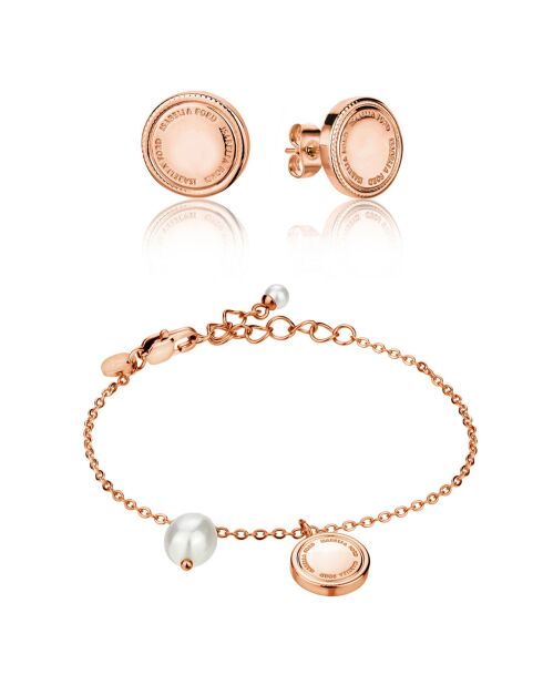 Parure Bracelet & Boucles d'oreilles Sabrina en Acier rose doré et Perle