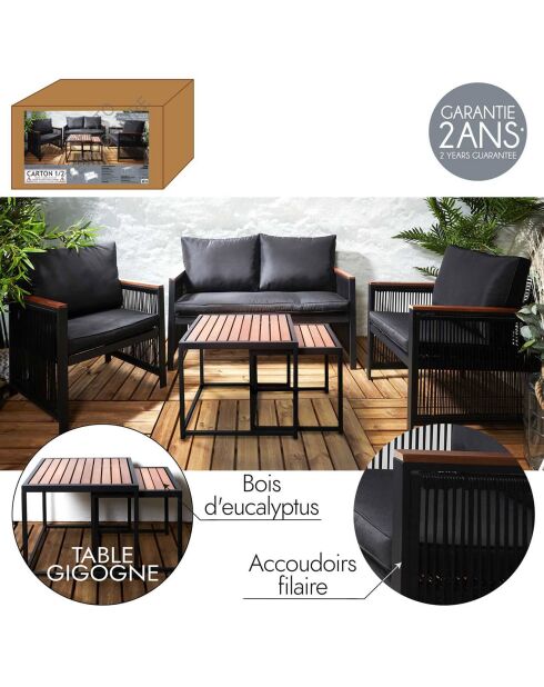 Salon de jardin Phuket 4 places marron/noir - 122x75x63 cm