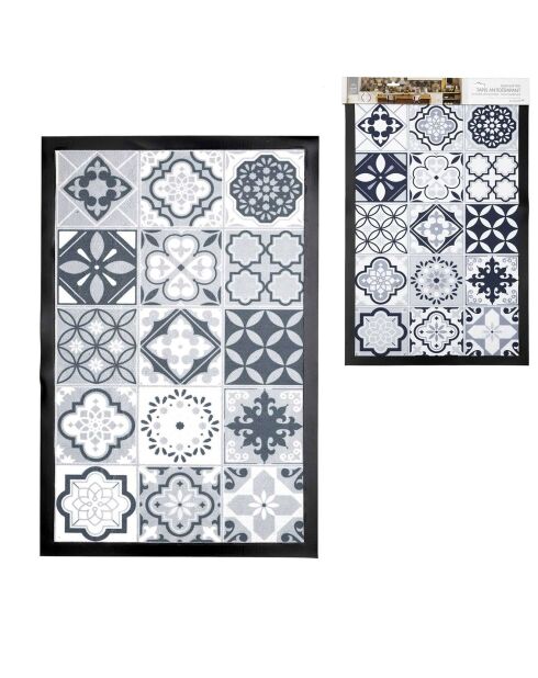 Tapis imprimé carreaux de ciment blanc/gris clair/gris foncé/noir - 60x40 cm