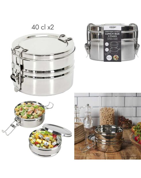 Lunch Box ronde 2 niveaux inox - 14x10x13.4 cm