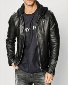 Blouson en Cuir Biker Hooded noir